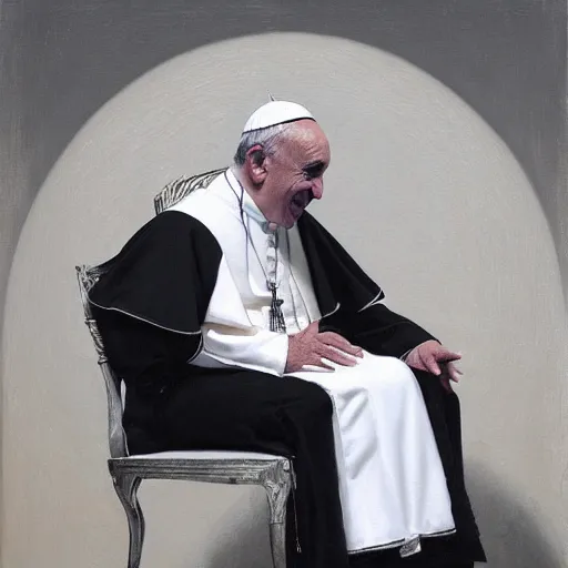 Prompt: Pope Francis sitting on a chair and crying while a black and white cat sits on his lap, realistic oil painting, painted by Roberto Ferri