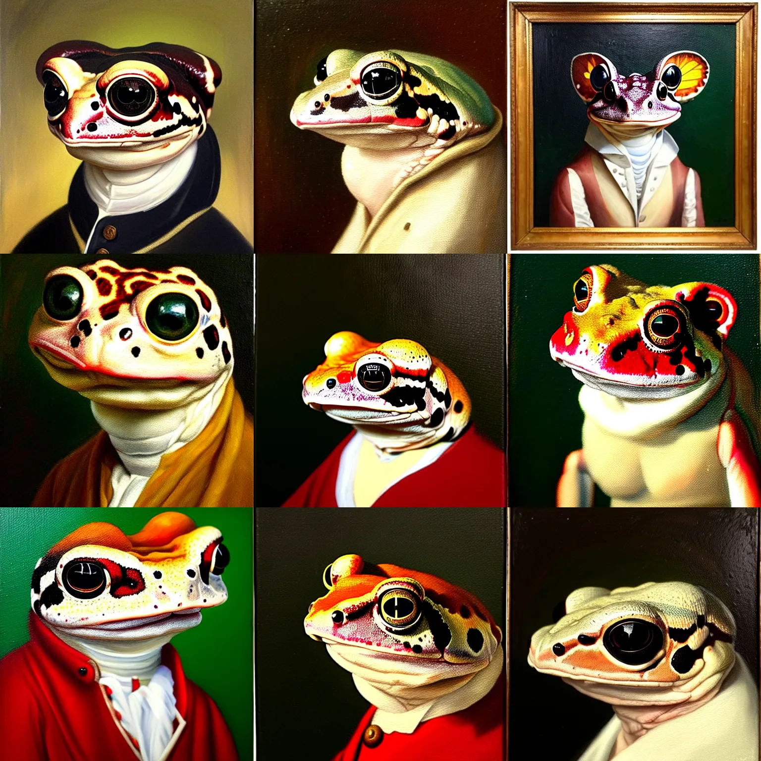 Image similar to a head and shoulders portrait painting of an anthropomorphic!!!!!!!!!! amazon milk frog!!!!!!!!!! wearing a colonial outfit without a hat looking off camera, a character portrait, romanticism, oil on canvas, visible brushstrokes, intense color