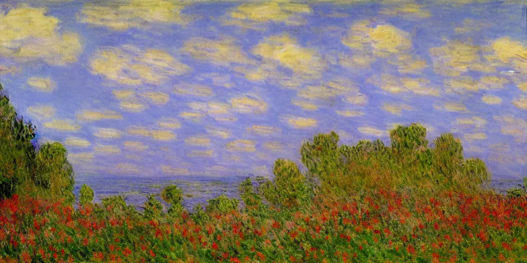 Prompt: a small plein - air painting created with broad strokes of intense colour, by claude monet