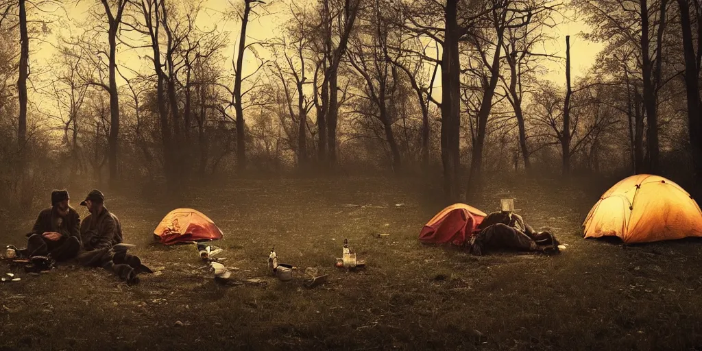 Prompt: two homeless men camping by an abandoned haunted asylum, a hobo barrel fire, elegant scene, low angle, wide angle, deep forest, wide angle, cinematic, ultrarealistic, trending on artstation, cgsociety, highly detailed, color graded, rendered in unreal engine 4 k hq, matte painting, by simon stalenhag and abandoned asylum in the woods