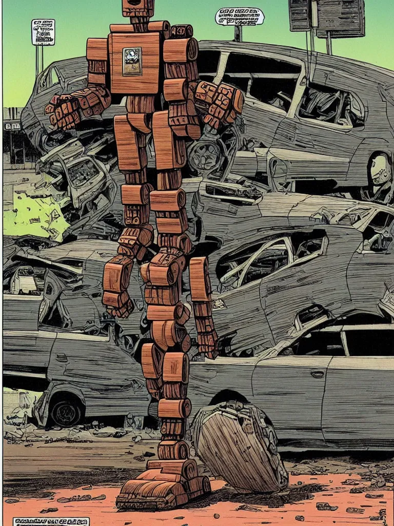 Image similar to an individual Giant wooden robot walking down the street, a crushed car is under the robot’s foot by Richard Corben