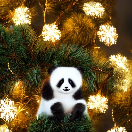 Prompt: cute fluffy white baby panda cub sitting in snowy winter christmas tree landscape with holiday lights detailed painting 4k