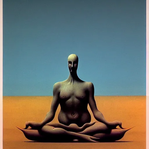Image similar to 3D matte illustration of a cow sitting in lotus position by Zdzisław Beksiński