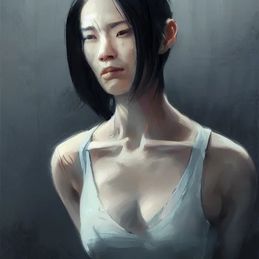 Image similar to portrait of a cyborg by greg rutkowski, she is about 3 0 years old, korean, pale, black bob hair, she is wearing a black tank top, highly detailed portrait, digital painting, artstation, concept art, smooth, sharp foccus ilustration, artstation hq