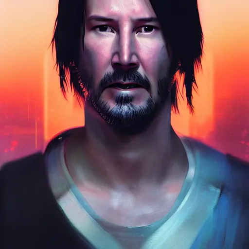 Prompt: cyberpunk, closeup portrait of a keanu reeves, dramatic light, city background, sunset, dystopian setting, high contrast, sharp, neuromancer, henry dorsett case, painted by stanley lau, painted by greg rutkowski, painted by stanley artgerm, digital art, trending on artstation