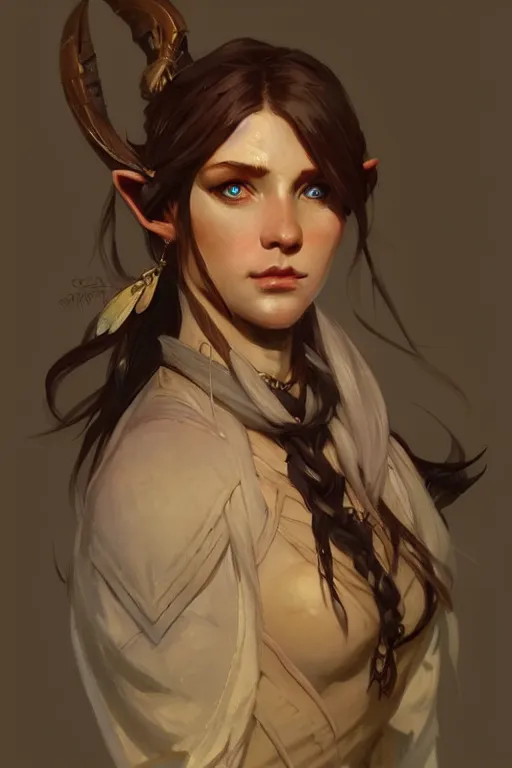 Image similar to portrait of a beautiful fit elf ranger, with fluent cloths, leather armor, by greg rutkowski and alphonse mucha, d & d character, gradient brown to white, autumn background, highly detailed portrait, digital painting, artstation, concept art, smooth, sharp focus illustration, artstation hq