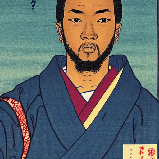 Prompt: Ukiyo-E portrait of Samurai Kendrick Lamar