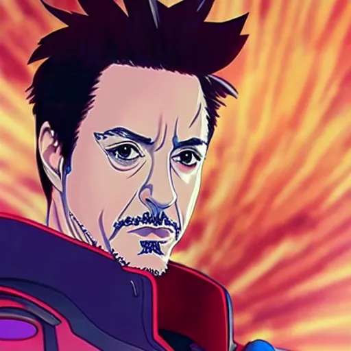 Image similar to robert downey jr as anime character, kyoto animation, magical