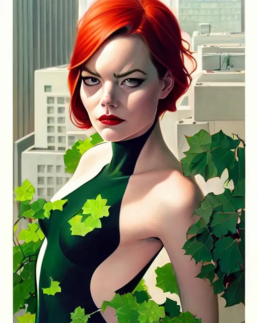 Image similar to joshua middleton, phil noto, artgerm, emma stone poison ivy dc comics, vines, symmetrical eyes, city rooftop