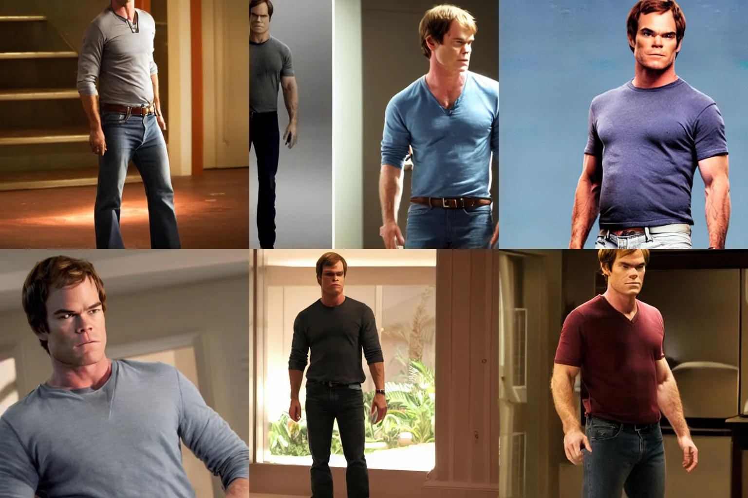 Prompt: dexter morgan wearing tight jeans, turning to look back, photo quality