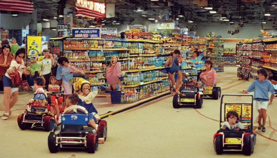 Prompt: 1990s photo of inside the Boring News Grown up errands ride at Universal Studios in Orlando, Florida, children riding on tiny minivans go-carts through a fake grocery store course , flying soccer balls, cinematic, UHD