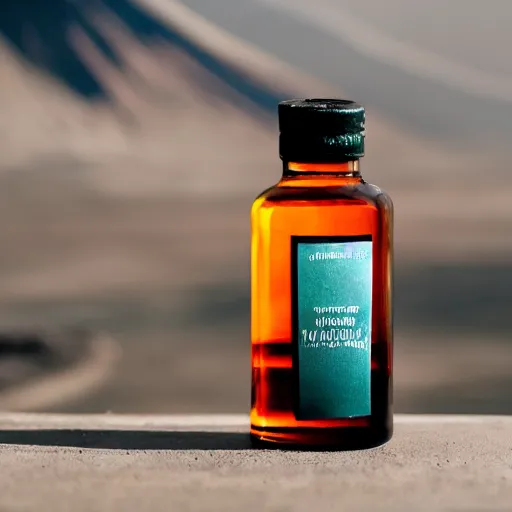 Image similar to symmetrical photo of small bottle standing in front volcano, products shot