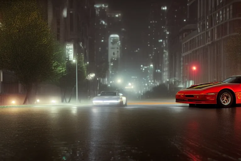 Image similar to hyperdetailed, photorealistic photograph of a 2 0 0 2 pontiac firebird trans - am drifting in the streets, rain, night, dense fog, hd, unreal engine 5 by greg rutowski, by stanley artgerm, by alphonse mucha