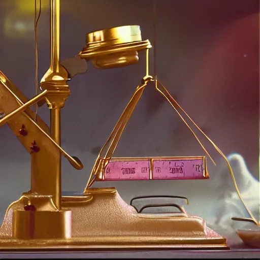 Prompt: antique scale. Cinematic, volumetric lighting. Scene from 1971 film Willy Wonka & the Chocolate Factory