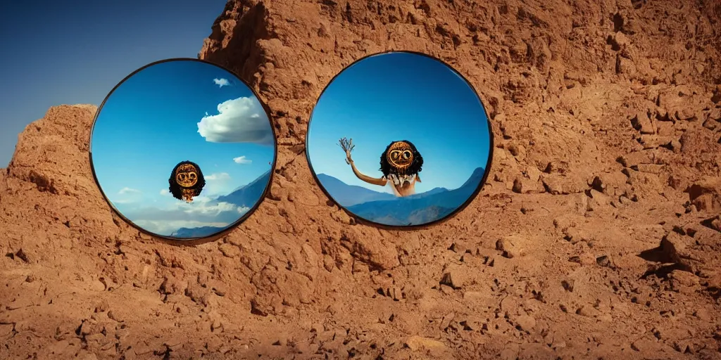 Image similar to levitating woman with full - face golden mask in a dry rocky desert landscape, visible sky and sunny atmosphere, fata morgana and giant square fractal mirrors by alejandro jodorowsky, anamorphic lens, kodakchrome, practical effects, award winning photo, masterpiece, 8 k