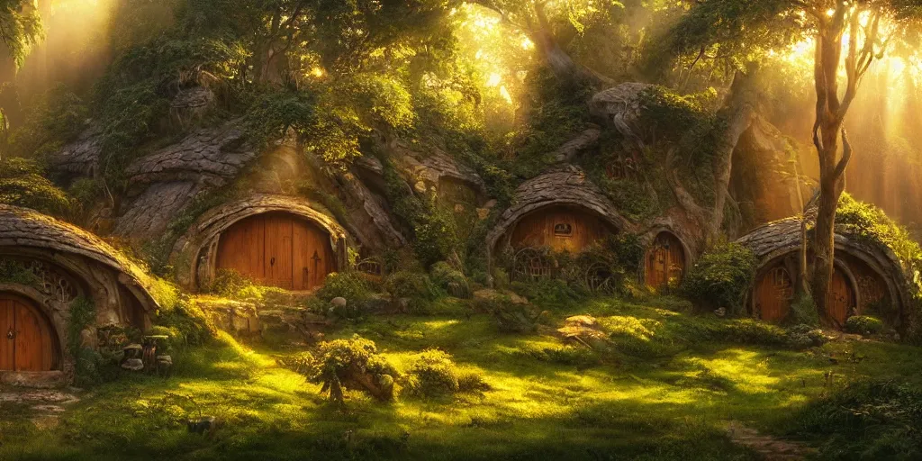 Image similar to ambience, atmosphere, sunbeams, lush and beautiful concept art for the shire and hobbit houses, lord of the rings, peter jackson, studio ghibli, detailed, realistic lighting, volumetric lighting, golden hour,