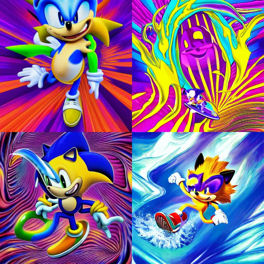 Prompt: surreal, sharp, detailed professional, high quality airbrush art MGMT album cover of a liquid dissolving LSD DMT sonic the hedgehog surfing through cyberspace, purple checkerboard background, 1990s 1992 prerendered graphics raytraced phong shaded album cover