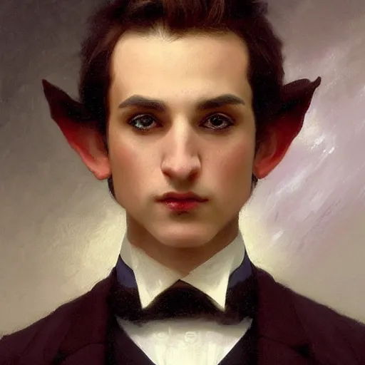 Prompt: detailed portrait painting of a male elf gentleman in a tuxedo by William-Adolphe Bouguereau, Thomas Kinkade and Ted Nasmith, deviantart, RPG portrait, fantasy portrait