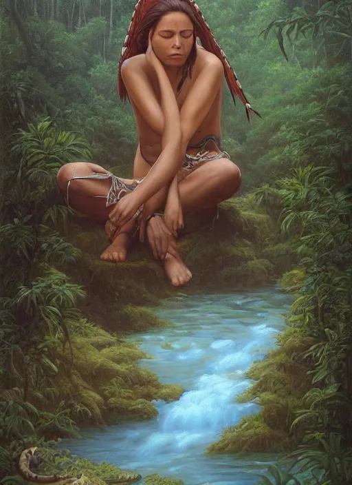 Prompt: a realistic painting of an indigenous female shaman relaxing near a river in the amazon jungle, gazing at the water, highly detailed, art by christophe vacher