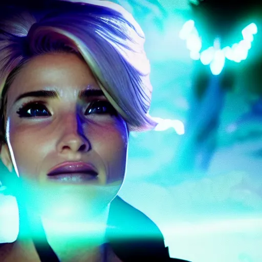 Prompt: cinematic scene with elsa pataki as jolyne from jojo's bizarre adventure, live action film, stone ocean, dramatic, small details, volumetric lighting, still frame