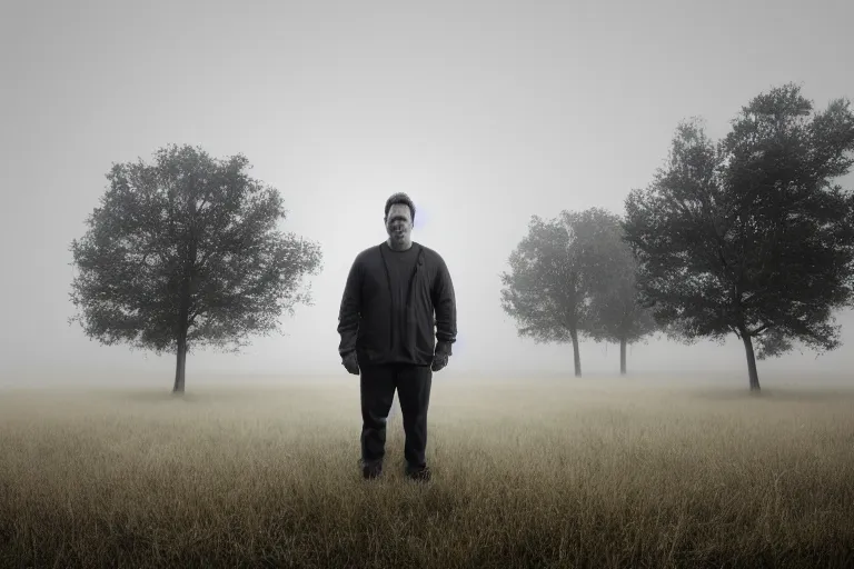 Image similar to a cinematic headshot portrait of a middle aged male stood in a fog filled field, ultra realistic, depth, beautiful lighting