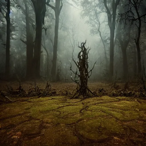 Image similar to eldritch horror emerging from the ground in a hauntend forest, foggy mysterious, creepy, cinematic, dramatic, 8k, horror, highly detailed, sharp focus, dynamic lighting, photograph, texture, giant scale