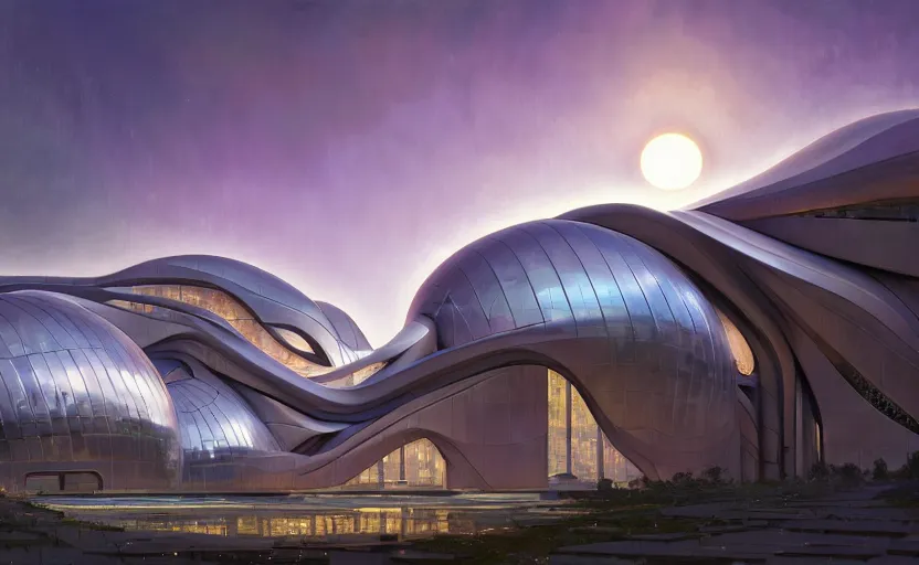 Prompt: exterior shot of utopian architecture building with cinematic lighting by zaha hadid and renzo piano, darek zabrocki and greg ruthkowski, alphonse mucha, simon stalenhag, cinematic, holy place, spiral, paradise, scifi, futurism, atmospheric, sunset, concept art, artstation, trending on artstation