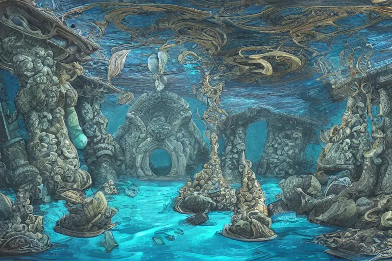 Prompt: underwater sunken temple!!!, fish, palladian, doric, illustration, concept art, digital art, colorful, blue, detailed