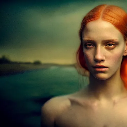 Image similar to photographic portrait of a stunningly beautiful english renaissance fighting female in soft dreamy light at sunset, beside the river, soft focus, contemporary fashion shoot, in a denis villeneuve and tim burton movie, by edward robert hughes, annie leibovitz and steve mccurry, david lazar, jimmy nelsson, extremely detailed, breathtaking, hyperrealistic, perfect face, octane render