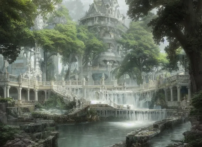 Image similar to A bathhouse with flowing water in a beautiful elven city made of white marble, anime, lush trees, fountain, a fantasy digital painting by Greg Rutkowski and James Gurney, trending on Artstation, highly detailed