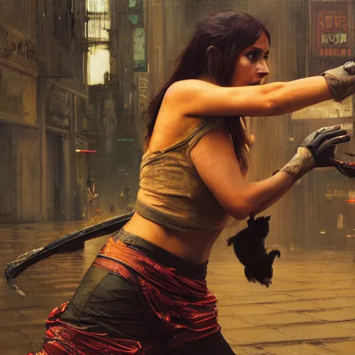 Image similar to a cat fighting frogs ( blade runner 2 0 4 9, dystopian, cyberpunk 2 0 7 7 character design ). orientalist portrait by john william waterhouse and james gurney and theodore ralli and nasreddine dinet, oil on canvas. cinematic, hyper realism, realistic proportions, dramatic lighting, high detail 4 k