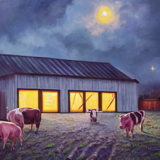 Image similar to exterior view of modern futuristic farm barn architecture, cows, pigs, chickens, detailed luminescent oil painting 4 k