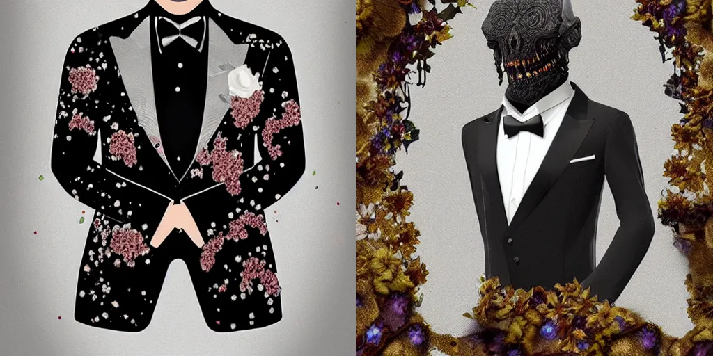 Prompt: Tuxedo with flower texture, super highly detailed, cosmic horror, concept art, 4K, HDR, trending on ArtStation