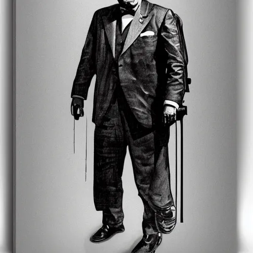 Image similar to winston churchill as iron man, highly detailed, full length portrait, photorealistic face, hd
