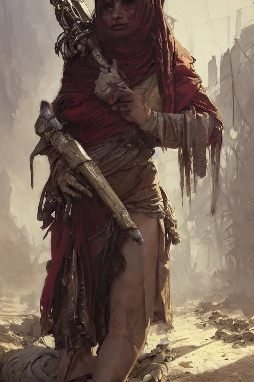 Prompt: a full body portrait of a beautiful post apocalyptic offworld merchants quarter bedouin blind pulp fiction scarlet wild rogue barbarian leper begging by the roadside, intricate, elegant, highly detailed, digital painting, artstation, concept art, smooth, sharp focus, illustration, art by krenz cushart and artem demura and alphonse mucha