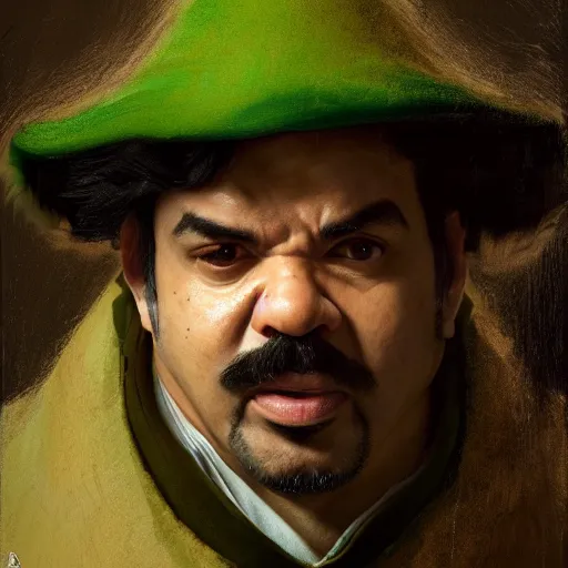 Prompt: hyper realistic, realistic - anime, portrait, beautifully rendered, luis guzman as luigi wearing green, smirking deviously, luigi, luigi's nose, painted by jan van eyck, albrecht durer, gustave courbet, greg rutkowski, wlop, artgerm, dishonored 2,