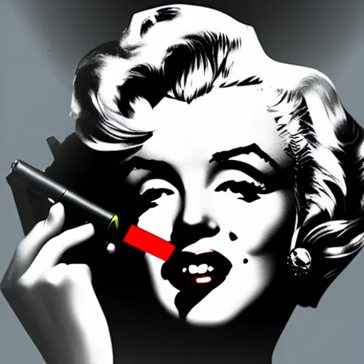 Prompt: marilyn monroe cyberpunk, cigarette dangling, grenade in hand, by pascal blanche, ultradetailed, 8 k