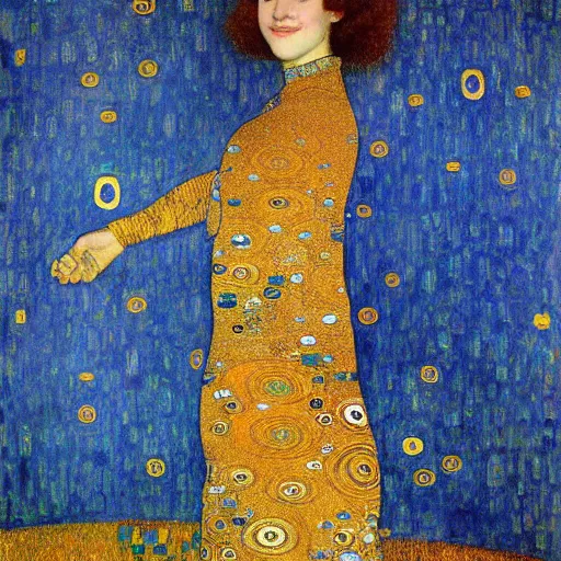 Prompt: representation of a young woman with a happy face in the year 1907 by Gustav Klimt