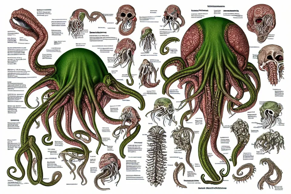 Prompt: Medical illustration of a Cthulhu's anatomy, with labels. High quality, highly detailed, professional medical illustration.