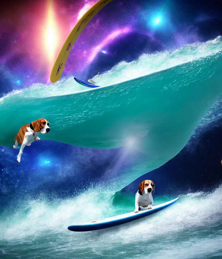 Image similar to beagle dog surfing a surfboard on a crashing l wave of alien ocean in space, background is an alien galaxy, aliens in the background, alien colors, octane render, unreal engine, wide view, 8 k, high detaild