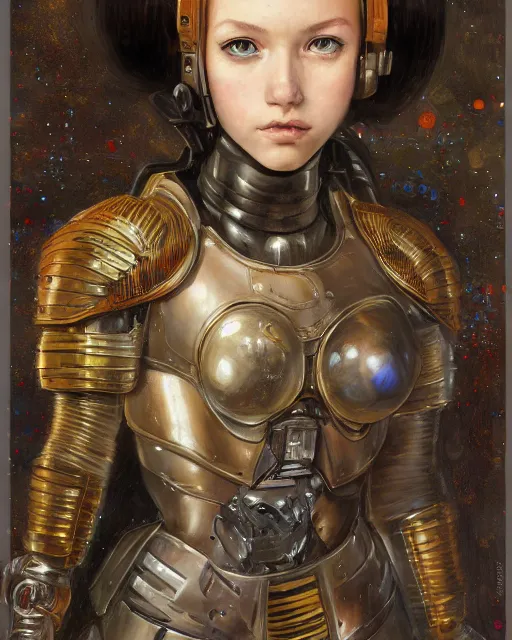Image similar to portrait of cute beautiful young sister of battle in armor, cyberpunk, Warhammer, highly detailed, artstation, illustration, art by Gustav Klimt and Range Murata