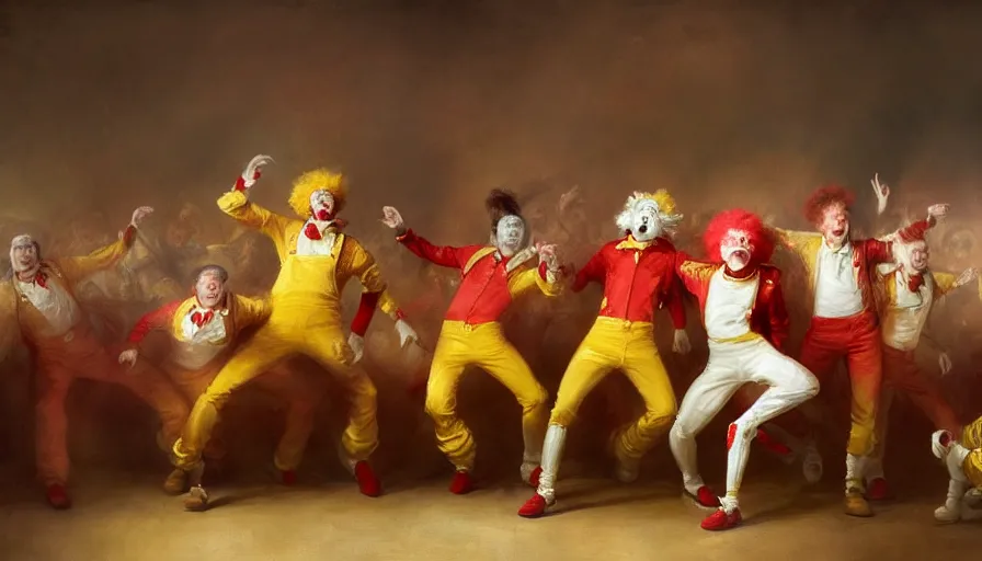 Image similar to highly detailed painting of a group of ronald mcdonalds with red afros, white facepaint, red noses and yellow tracksuits line dancing at a hoedown by william turner, by greg rutkowski, by william constable, thick brush strokes and visible paint layers, 4 k resolution