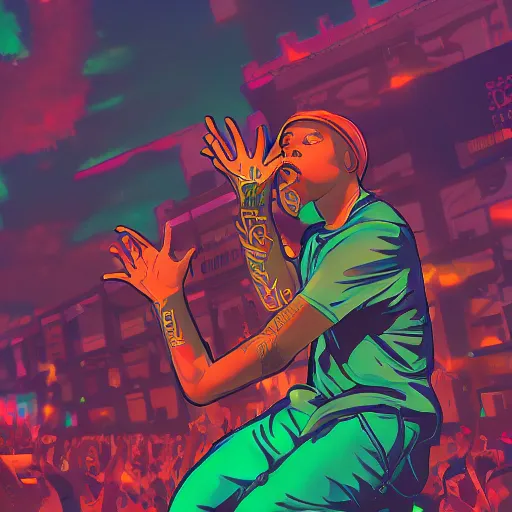 Image similar to rapper leaning over huge crowd reaching up to him, digital art, vapor wave, hip hop, trending on Artstation, professional artist, detailed, 4k