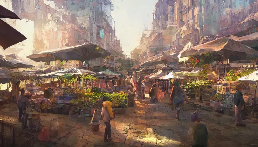 Prompt: craig mullins and ghibli digital illustration of solarpunk farmers market, festival, colorful, unreal engine, hyper realism, realistic shading, cinematic composition, realistic render, octane render, detailed textures, photorealistic, wide shot