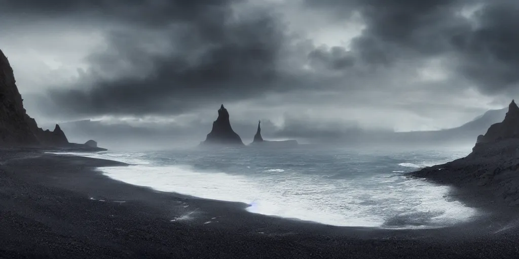 Image similar to icelandic coast. black sand. dramatic sky. cinematic. intricate. mist. low angle wide shot. highly detailed. concept art. matte painting in the style of greg rutkowski.