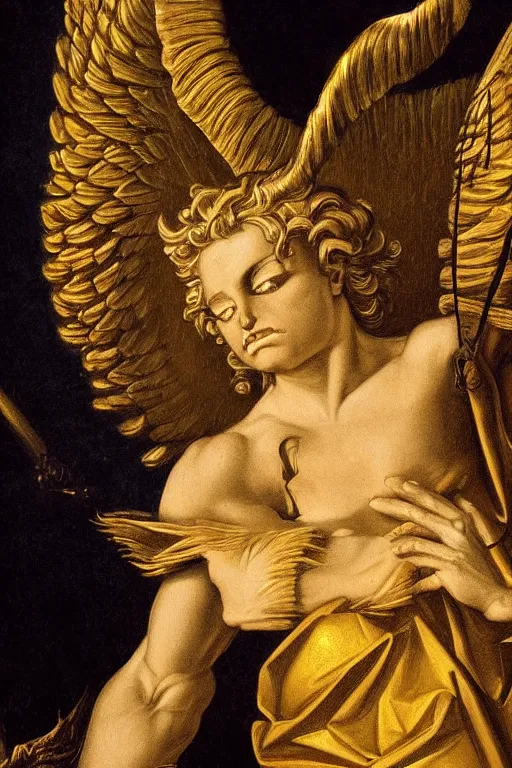 Image similar to fallen angel Lucifer, angry face, closeup, ultra detailed, made in gold, Guido Reni style