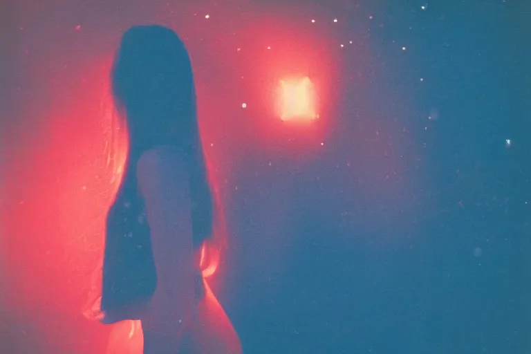 Prompt: blured shadow of dancing young woman on red light, focused background blue night sky with stars, polaroid photo