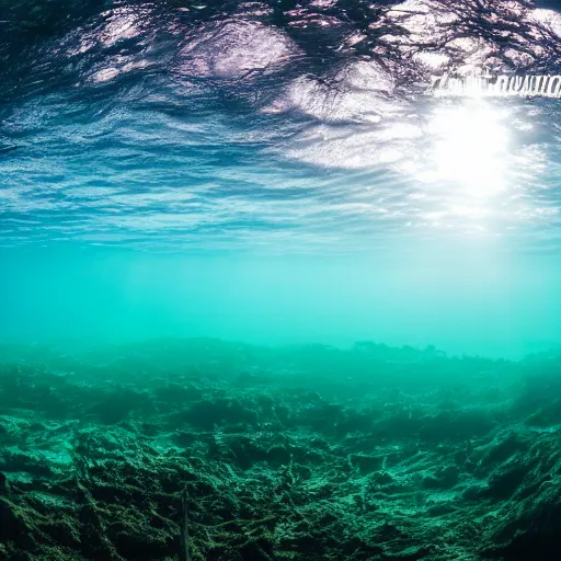 Image similar to ultrawide shot backlit ploughing the seabed underwater