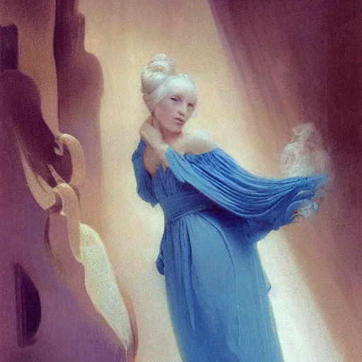 Image similar to young woman's face, her hair is white and she wears a cobalt blue duchesse satin cloak, by syd mead and moebius and roger dean and gaston bussiere and ivan aivazovsky and willem claesz and pieter claesz and paul delaroche and alma tadema and aelbert cuyp, hyperrealistic, volumetric light, octane