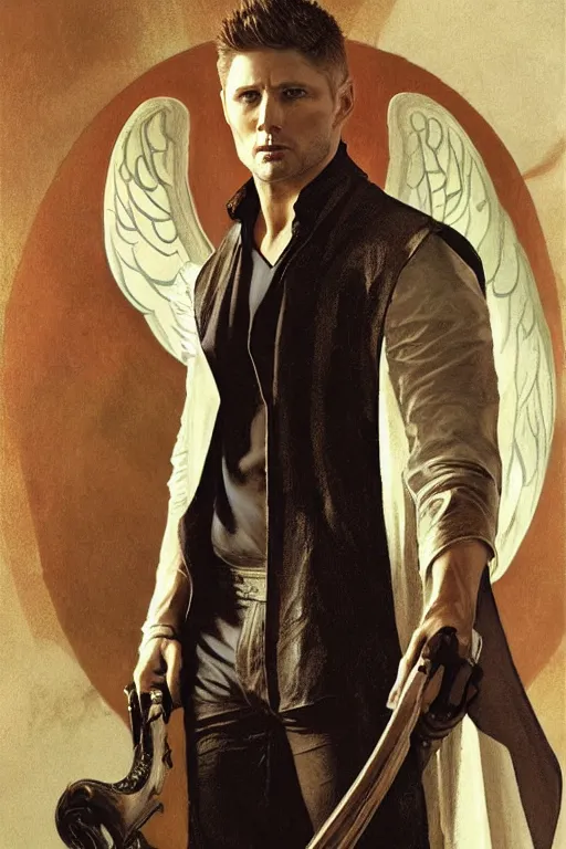 Image similar to a detailed matte portrait of an jensen ackles dressed as the vampire angel from buffy the vampire slayer, masterpiece, 8 k, art by alphonse mucha and greg rutkowski